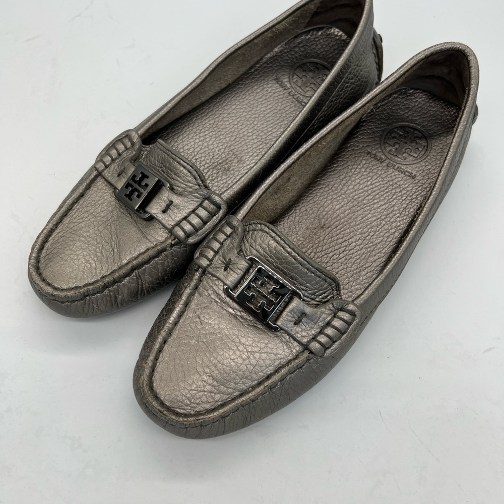Tory Burch Metallic Pewter Leather Driving Loafers